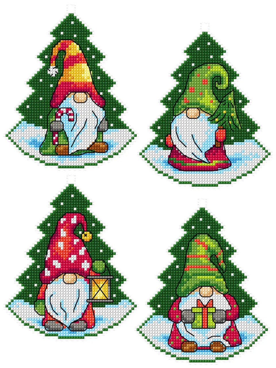 Gnomes inside Christmas Trees Counted cross stitch kit with plastic canvas